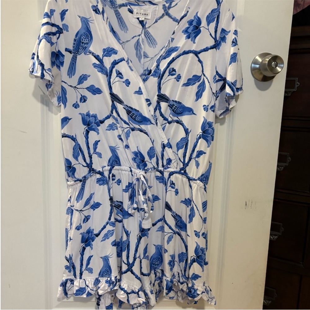 Romper! Blue and White Bird Print   pit to pit 19. If ever worn it was gently